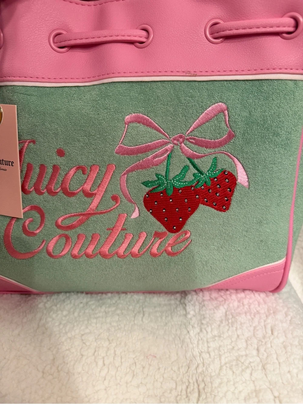 Juicy Couture Pink & Mint Strawberry Tote with Card Holder and Bow Charm